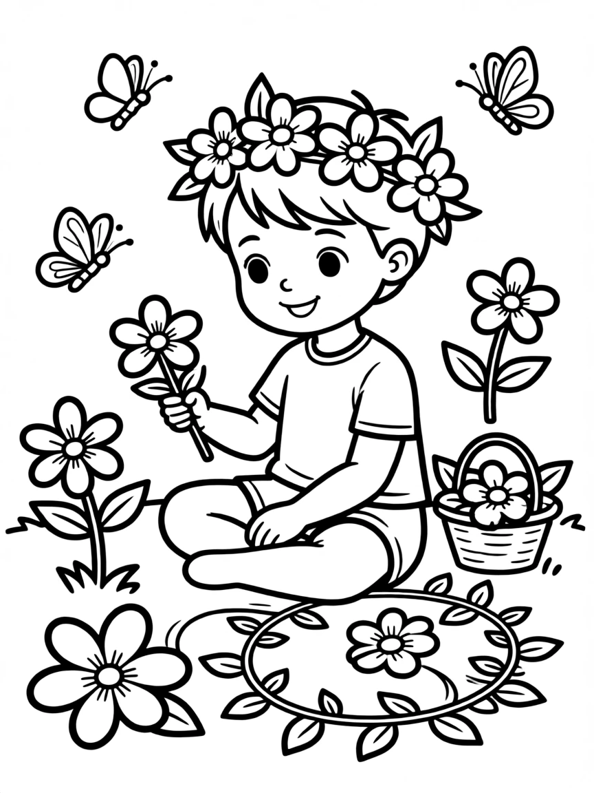A child making a flower crown.