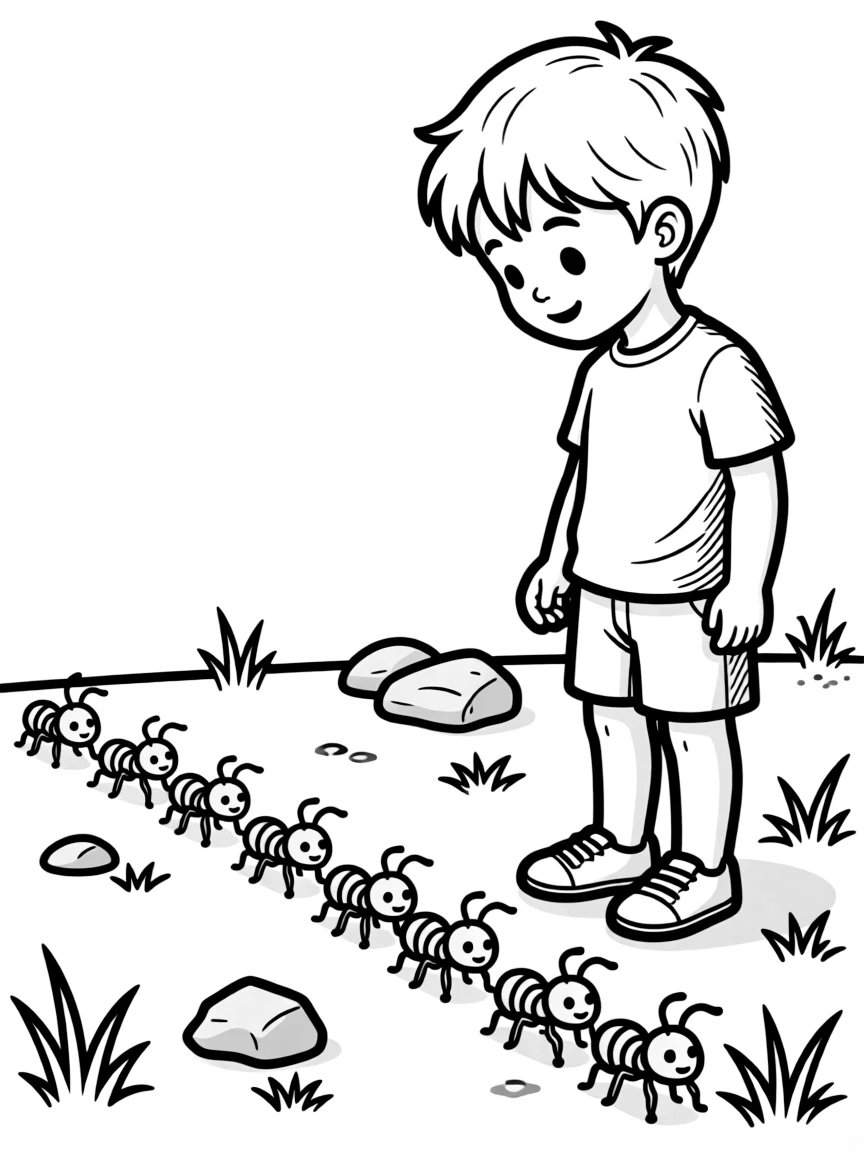 A child observing ants marching.