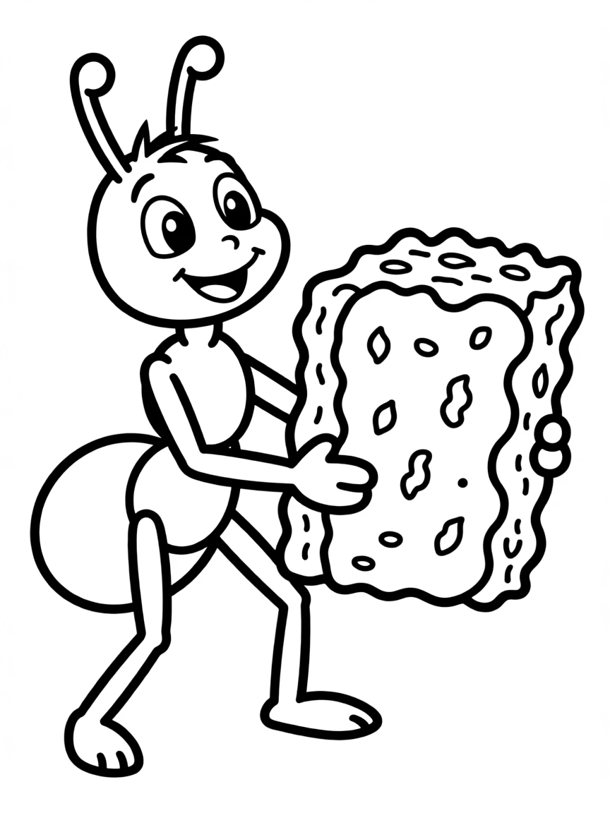 A happy ant carrying a crumb.
