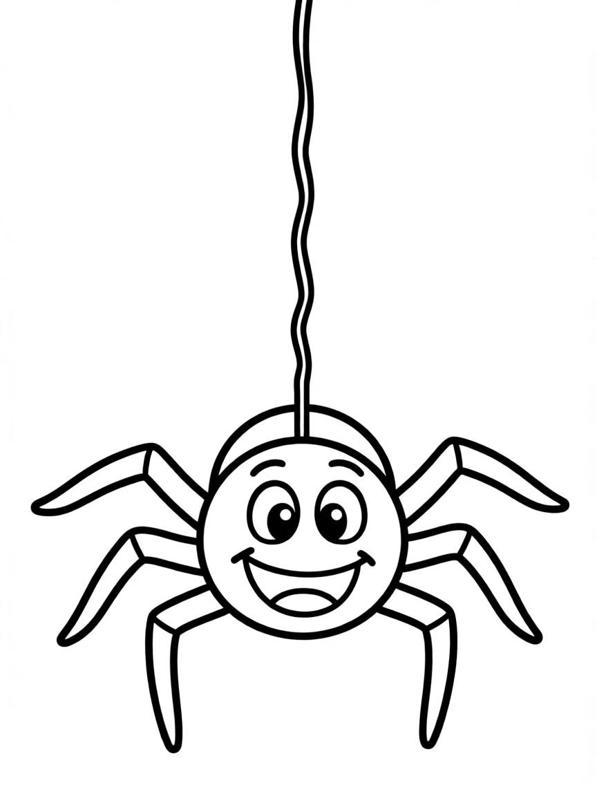 A happy spider hanging from a thread.