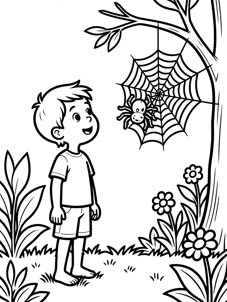 A child watching a spider spin a web.