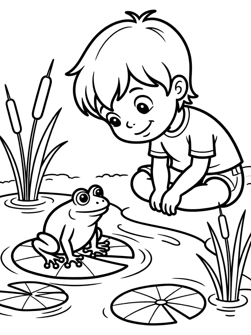 A child observing a frog on a lily pad.