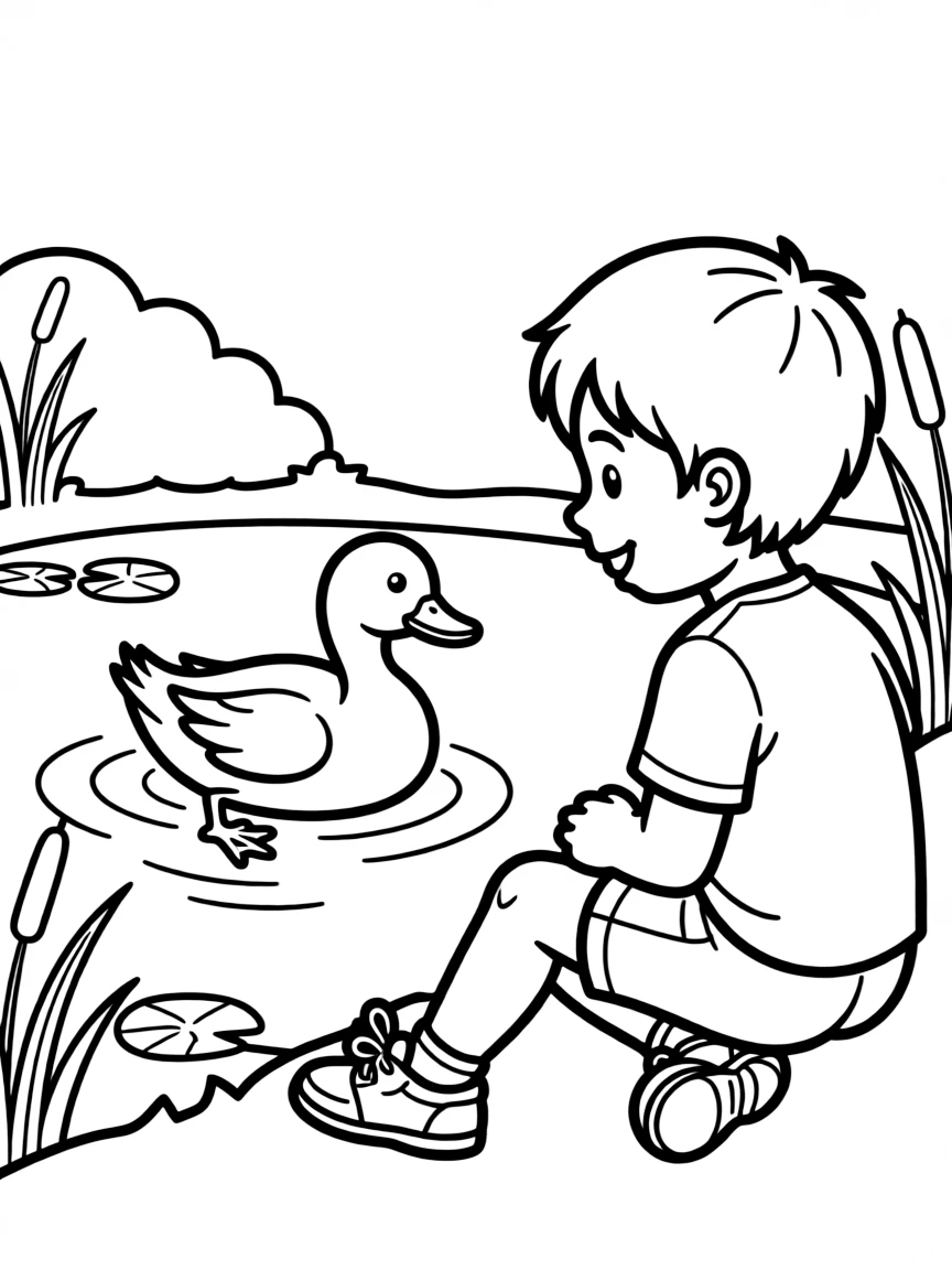 A child watching a duck swim.