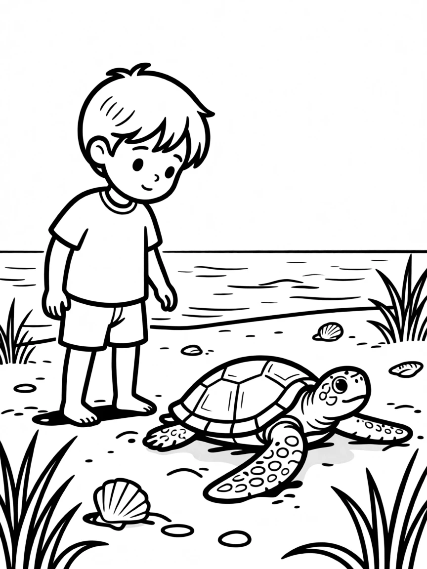 A child looking at a turtle sunbathing.