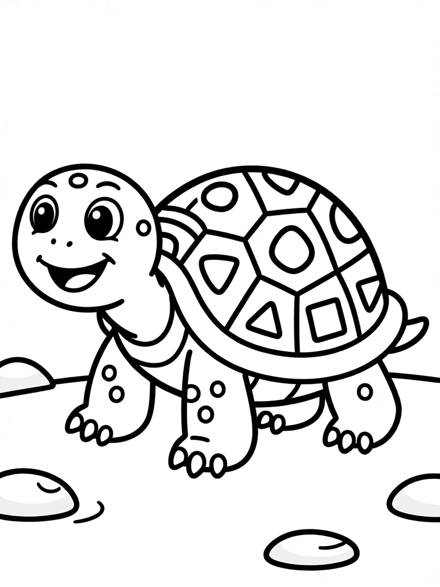 A happy turtle with a patterned shell.