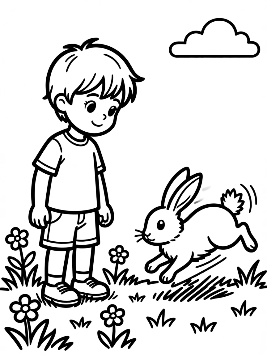 A child seeing a rabbit hop.