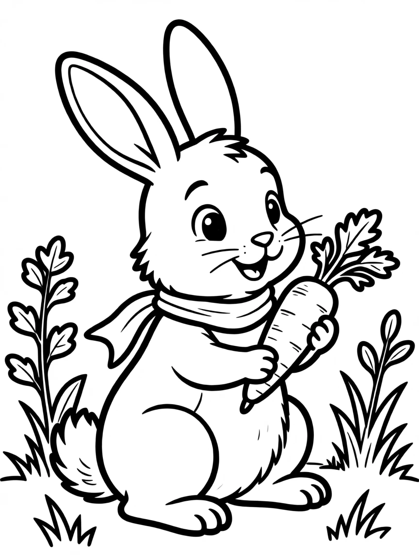 A happy rabbit eating a carrot.