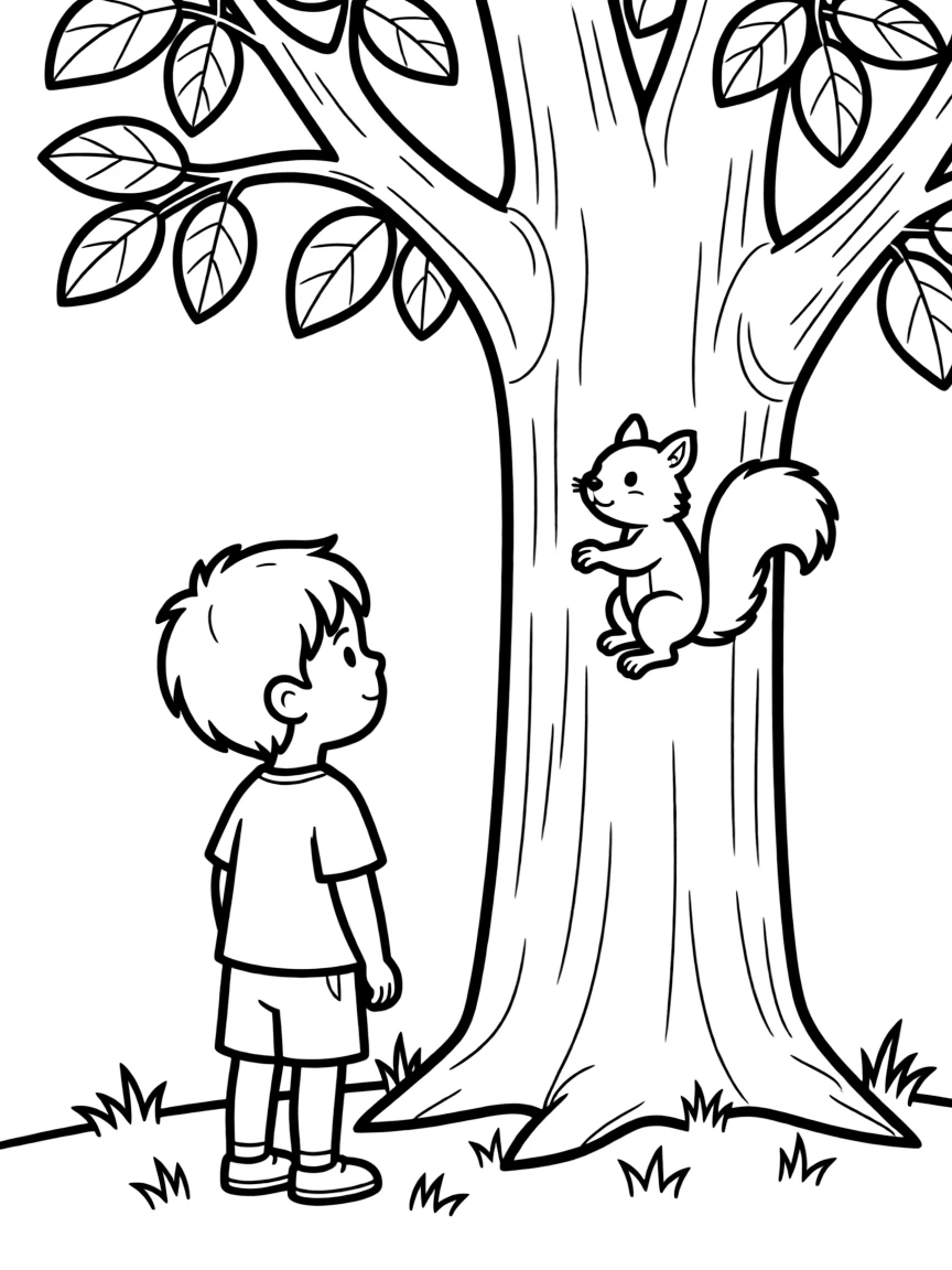 A child watching a squirrel climb a tree.
