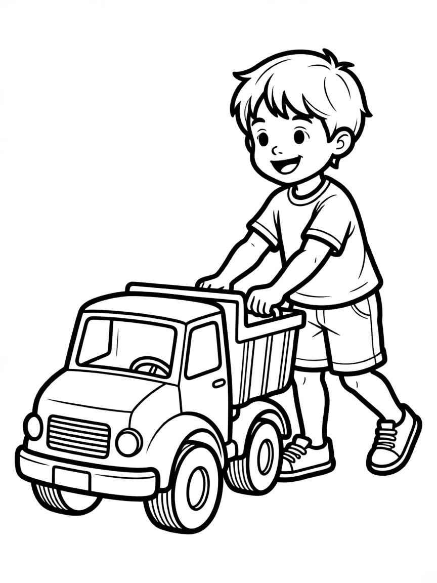 A child pushing a toy truck.