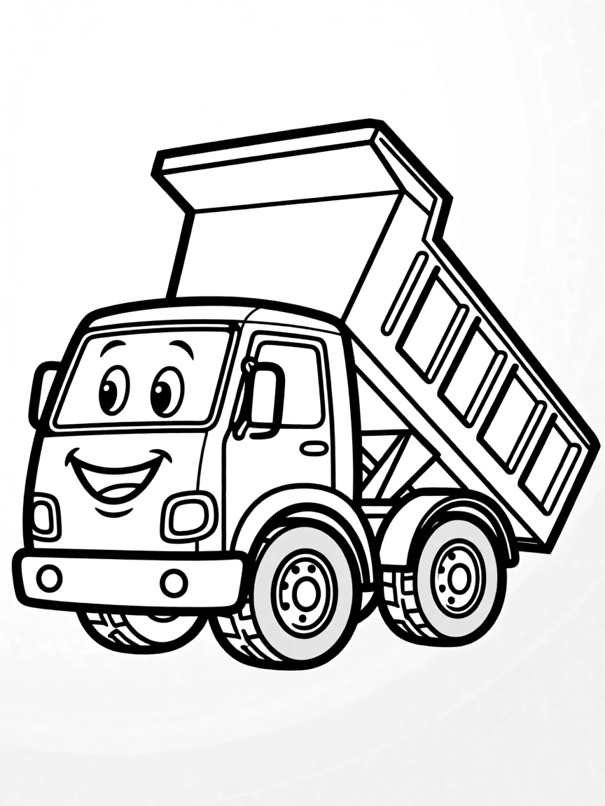 A happy dump truck with its bed up.