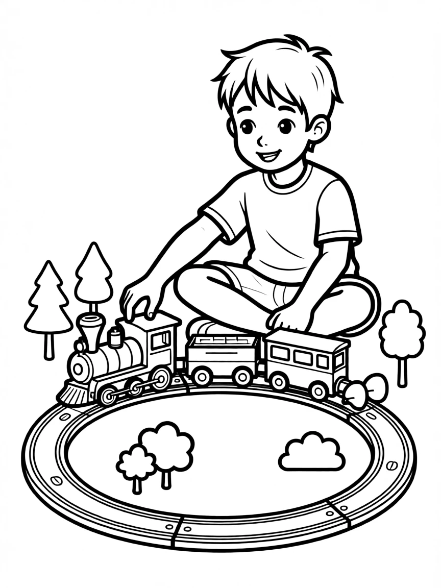 A child playing with a train set.