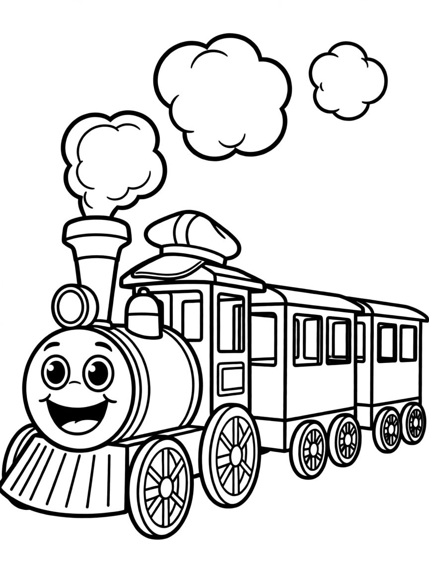 A happy train with smoke coming out.