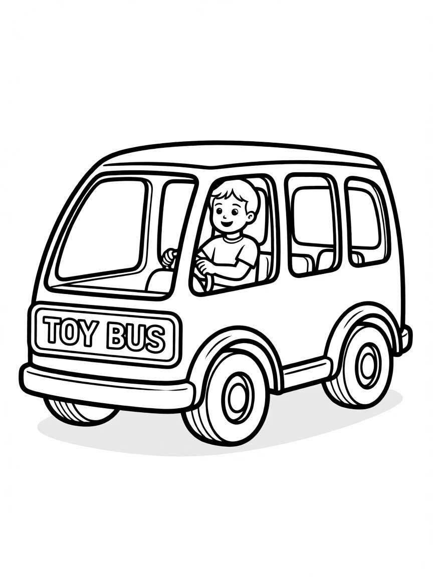 A child driving a toy bus.