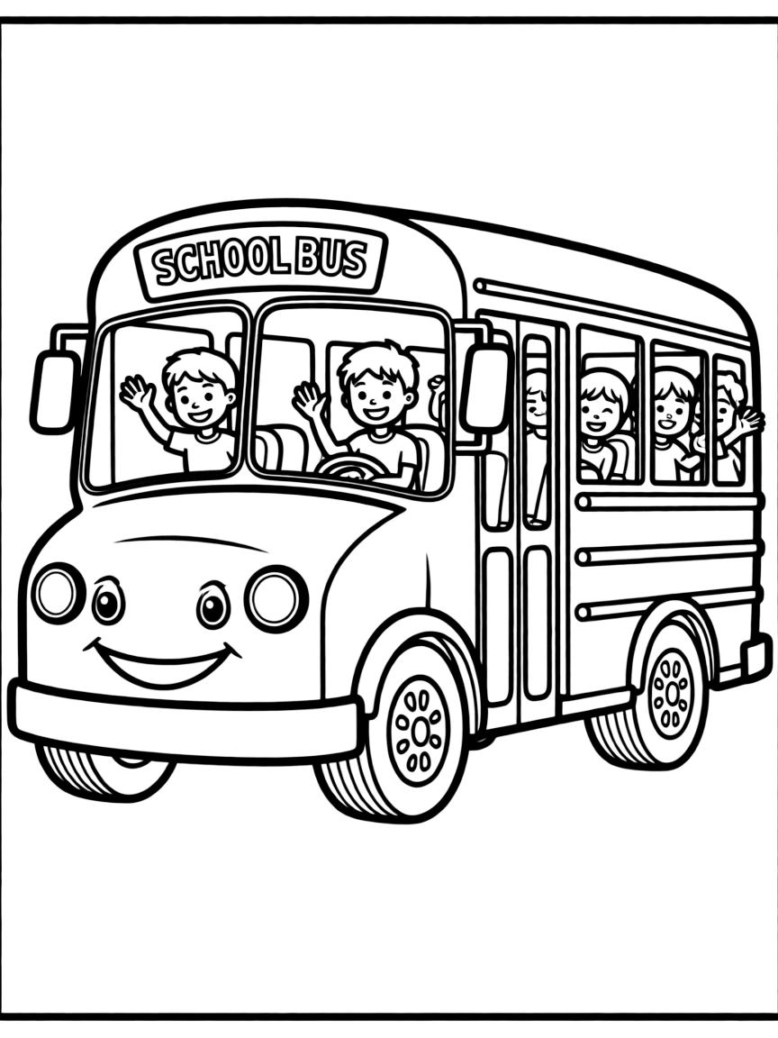 A happy school bus with children inside.