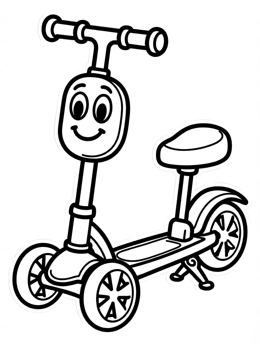 A happy scooter with a kickstand.