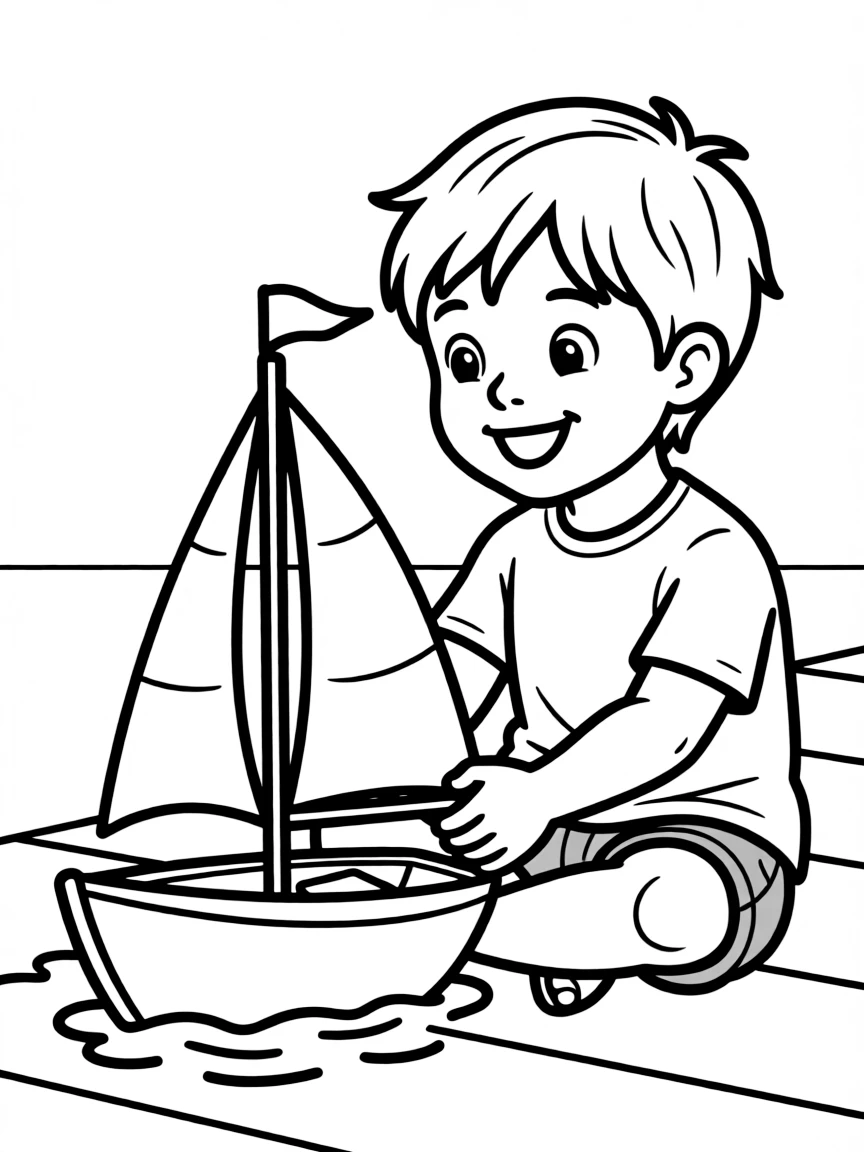 A child playing with a toy boat.