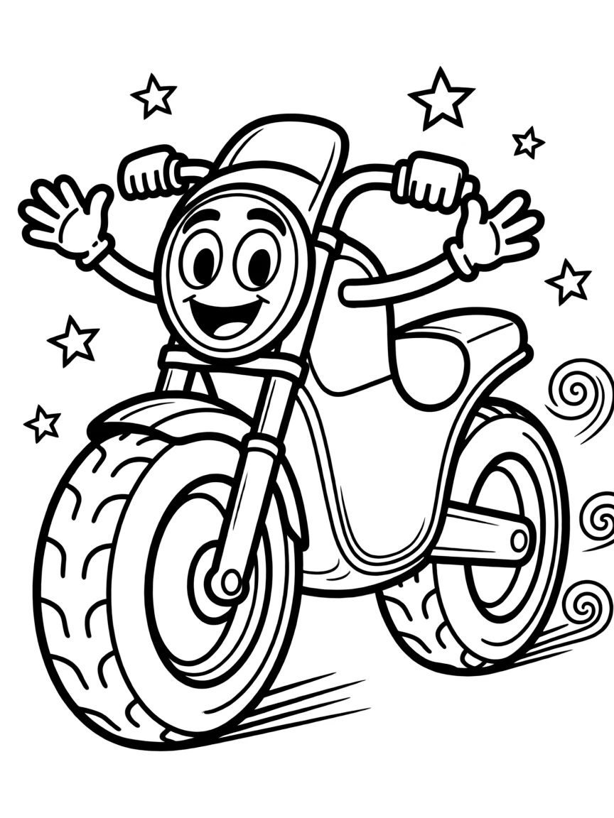 A happy motorcycle with big tires.