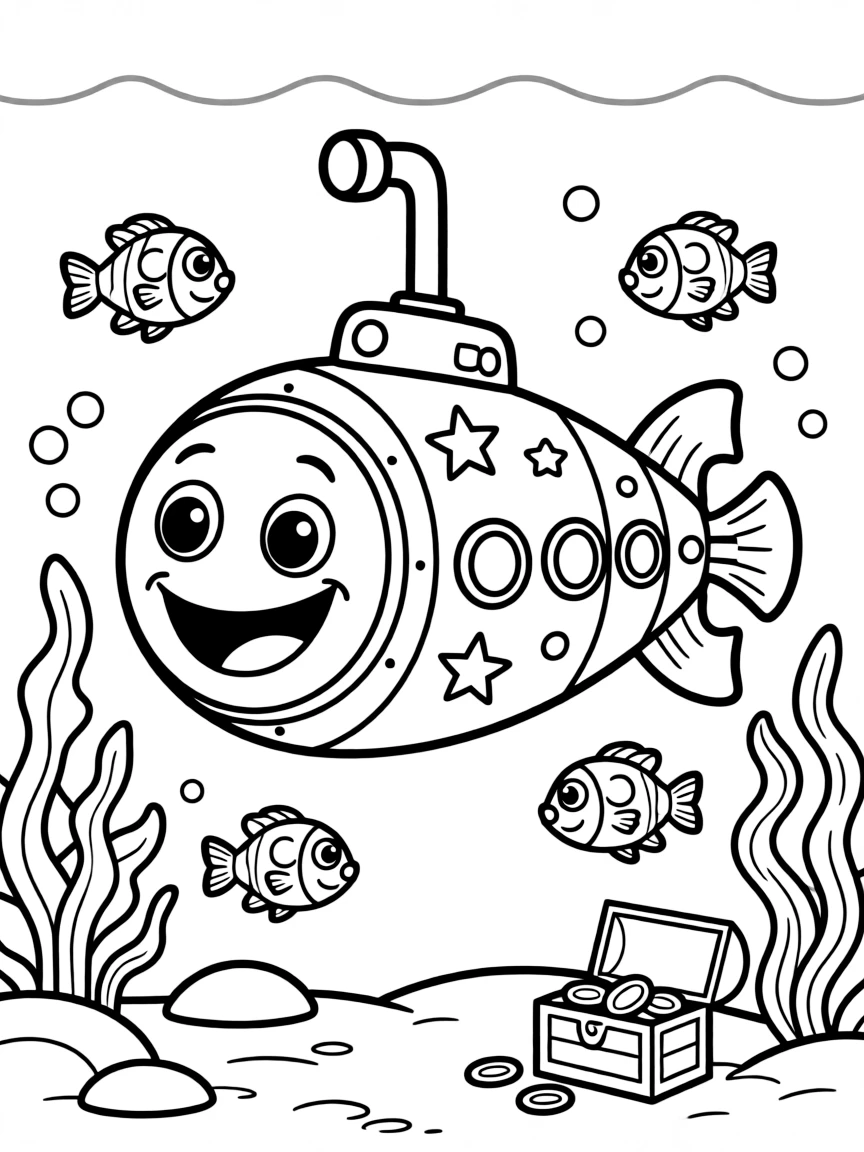 A happy submarine under the water.