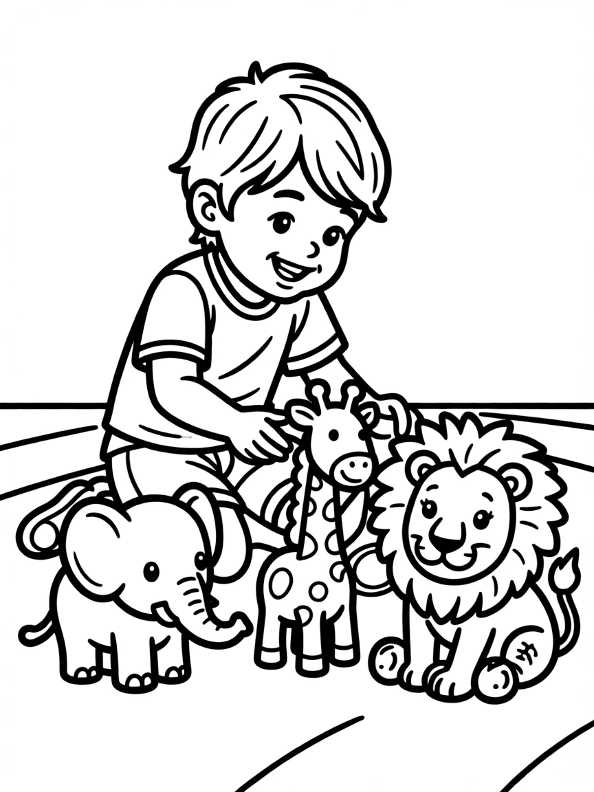 A child playing with toy animals.