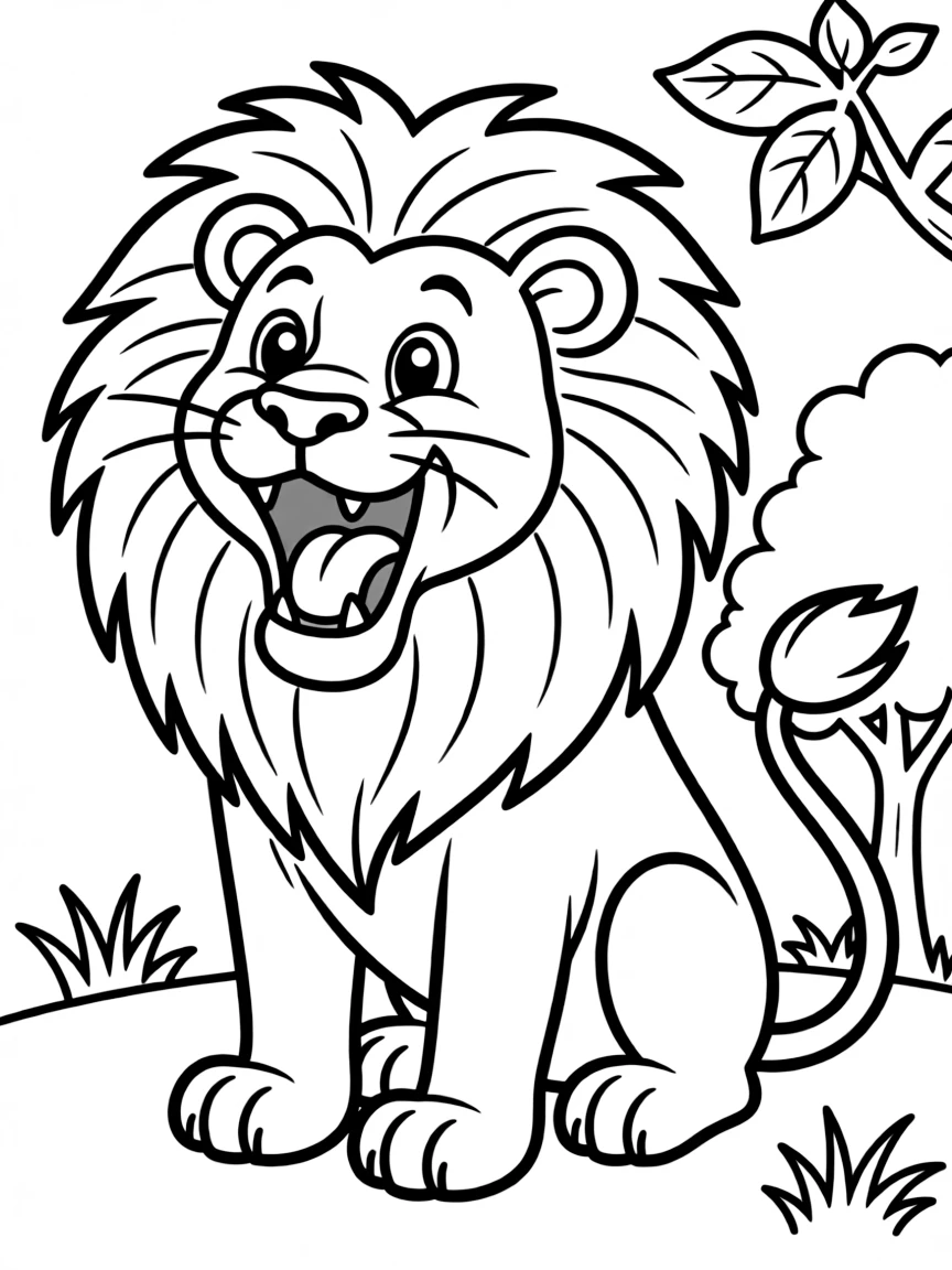 A happy lion roaring.