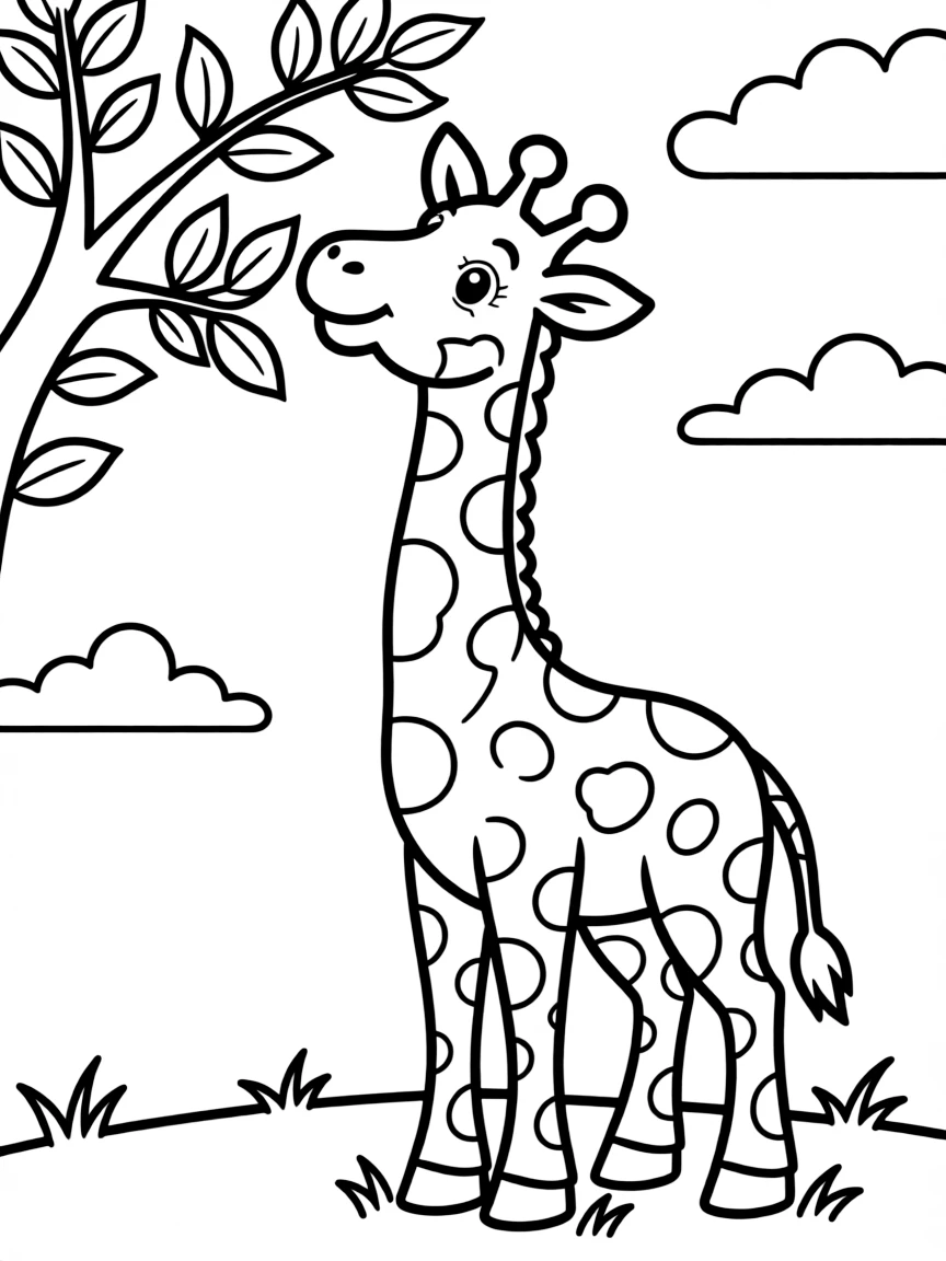 A happy giraffe eating leaves.