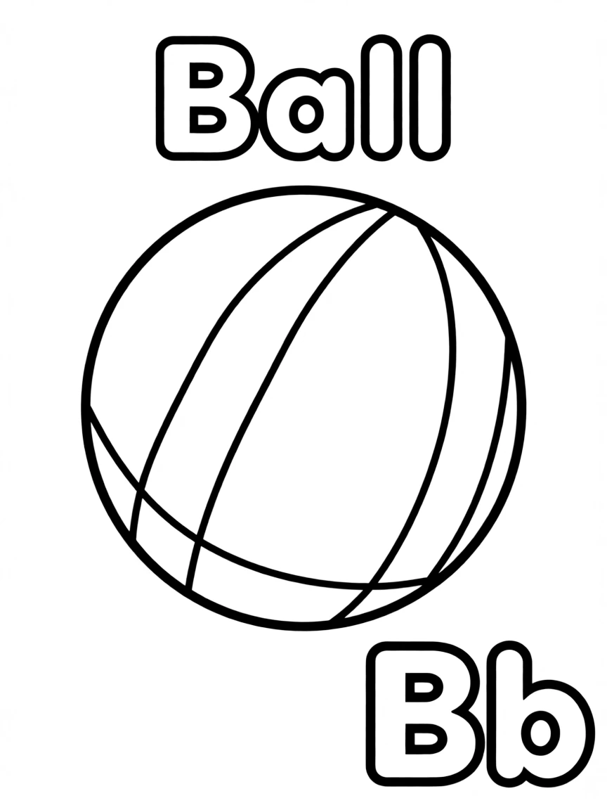 (alphabet flashcard) A ball in the center, letter "Ball" on the top, and big letter "Bb" at the bottom right corner.