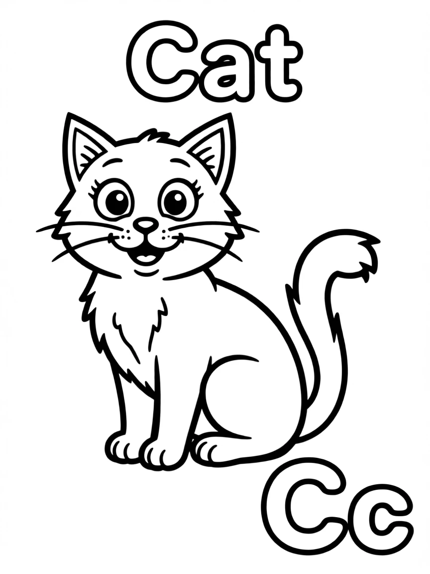 (alphabet flashcard) A cat in the center, letter "Cat" on the top, and big letter "Cc" at the bottom right corner.