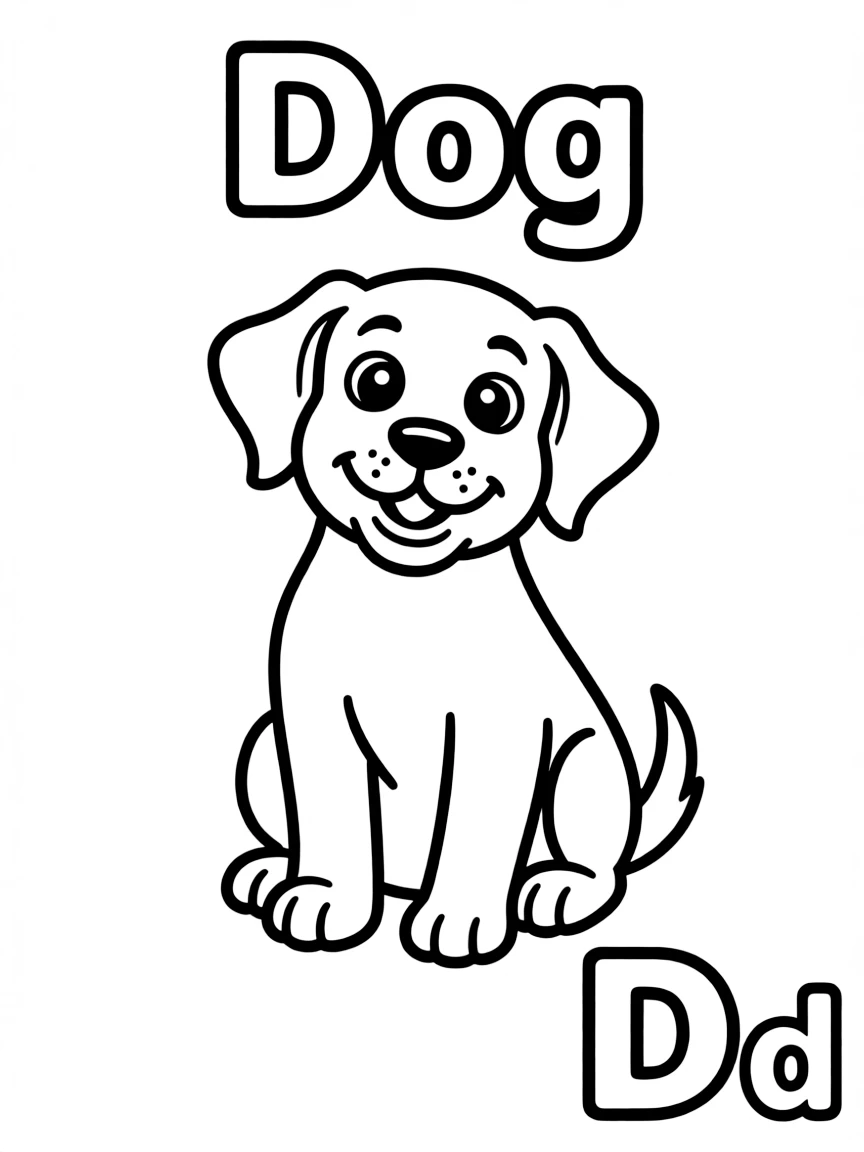 (alphabet flashcard) A dog in the center, letter "Dog" on the top, and big letter "Dd" at the bottom right corner.