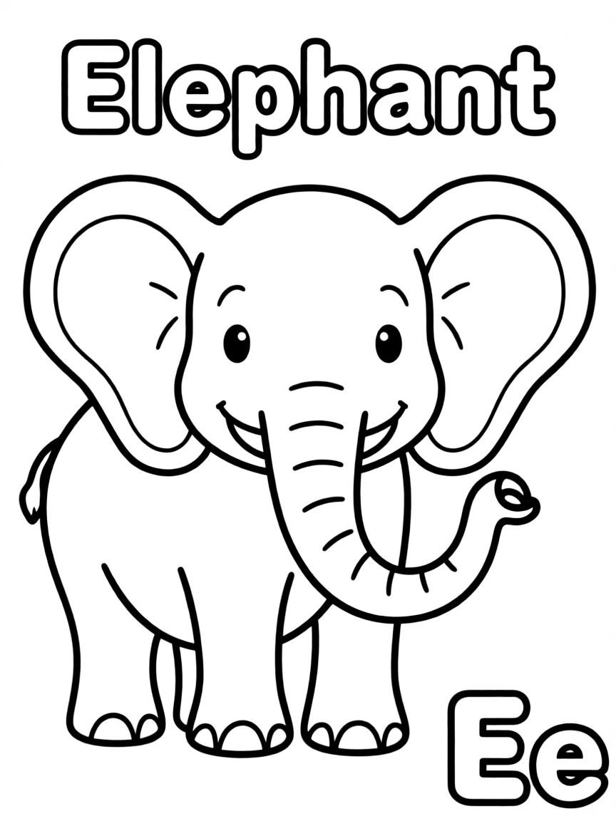 (alphabet flashcard) An elephant in the center, letter "Elephant" on the top, and big letter "Ee" at the bottom right corner.