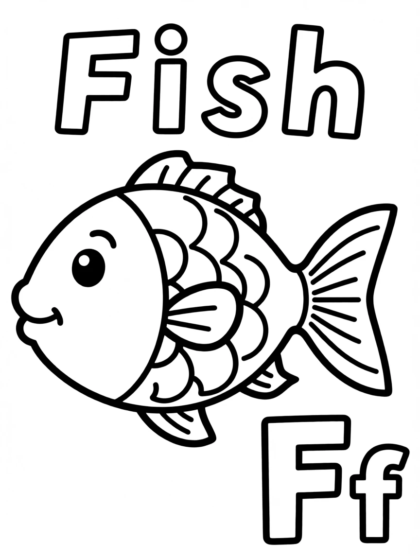 (alphabet flashcard) A fish in the center, letter "Fish" on the top, and big letter "Ff" at the bottom right corner.