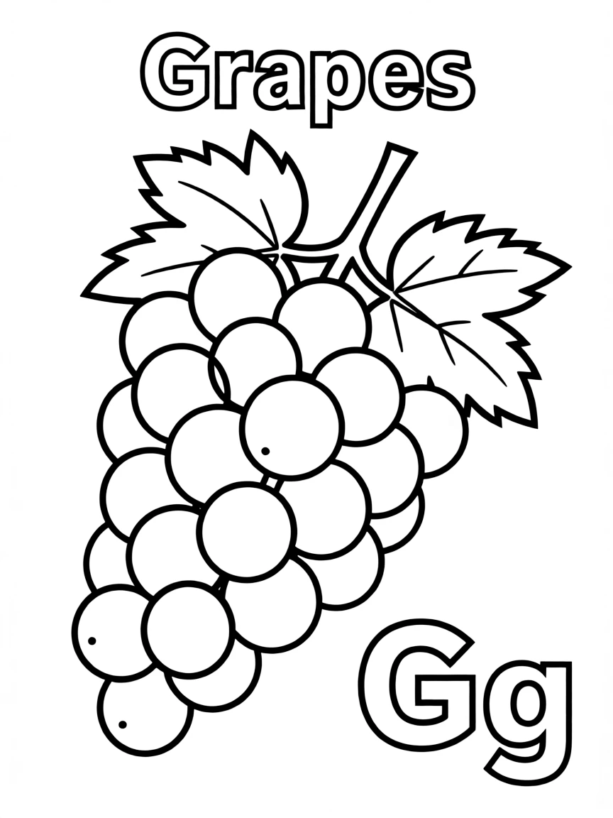 (alphabet flashcard) A bunch of grapes in the center, letter "Grapes" on the top, and big letter "Gg" at the bottom right corner.