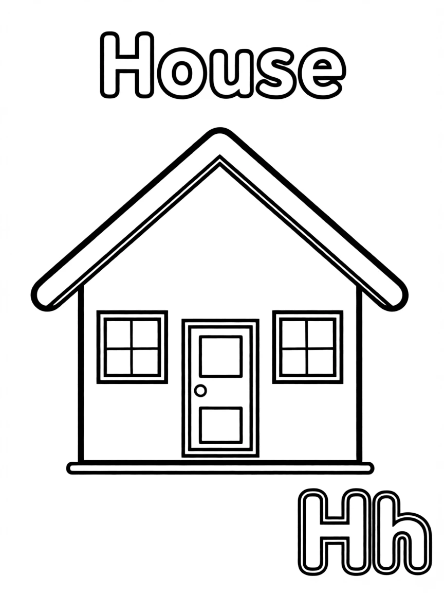 (alphabet flashcard) A house in the center, letter "House" on the top, and big letter "Hh" at the bottom right corner.
