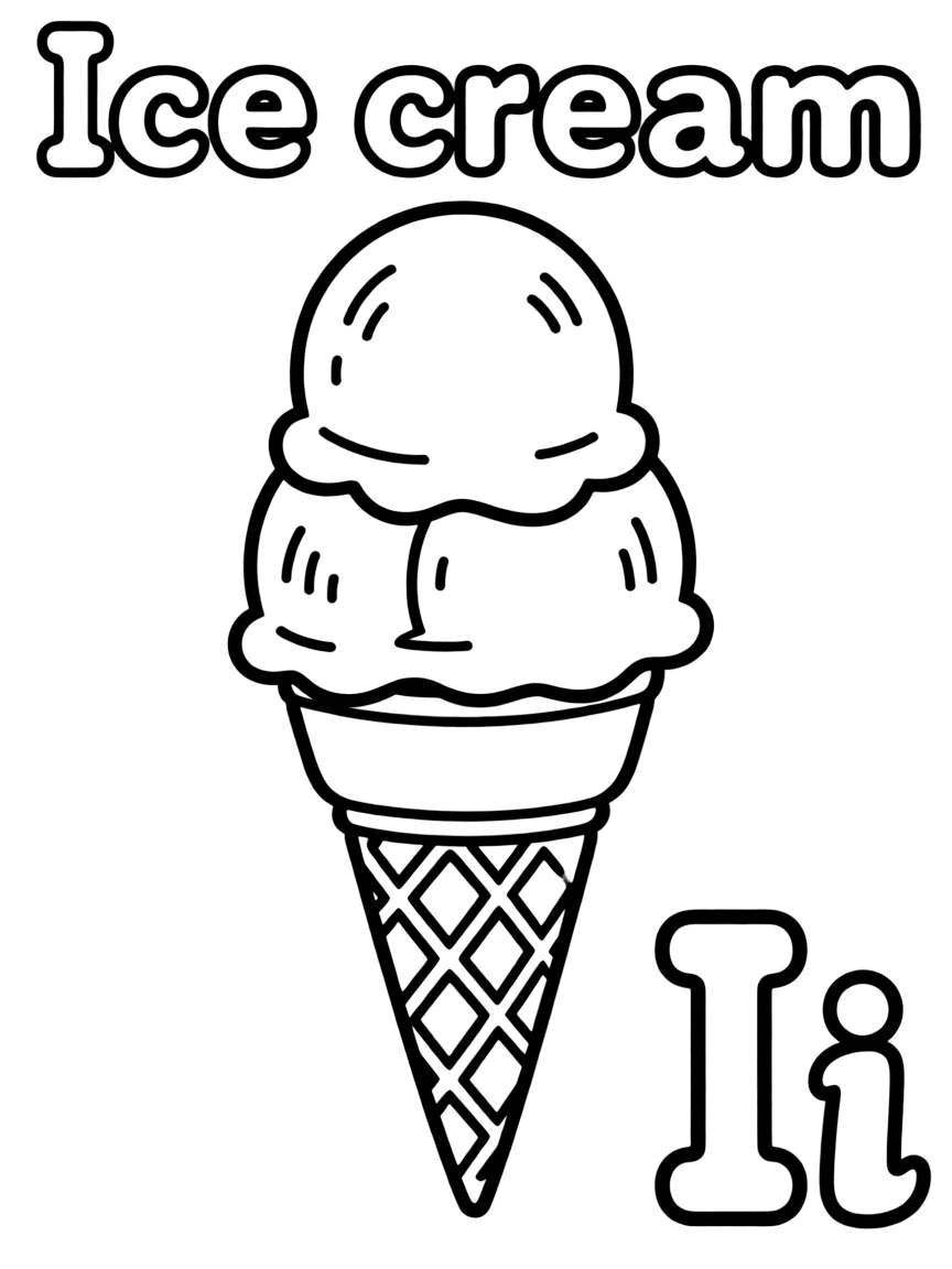 (alphabet flashcard) An ice cream cone in the center, letter "Ice cream" on the top, and big letter "Ii" at the bottom right corner.