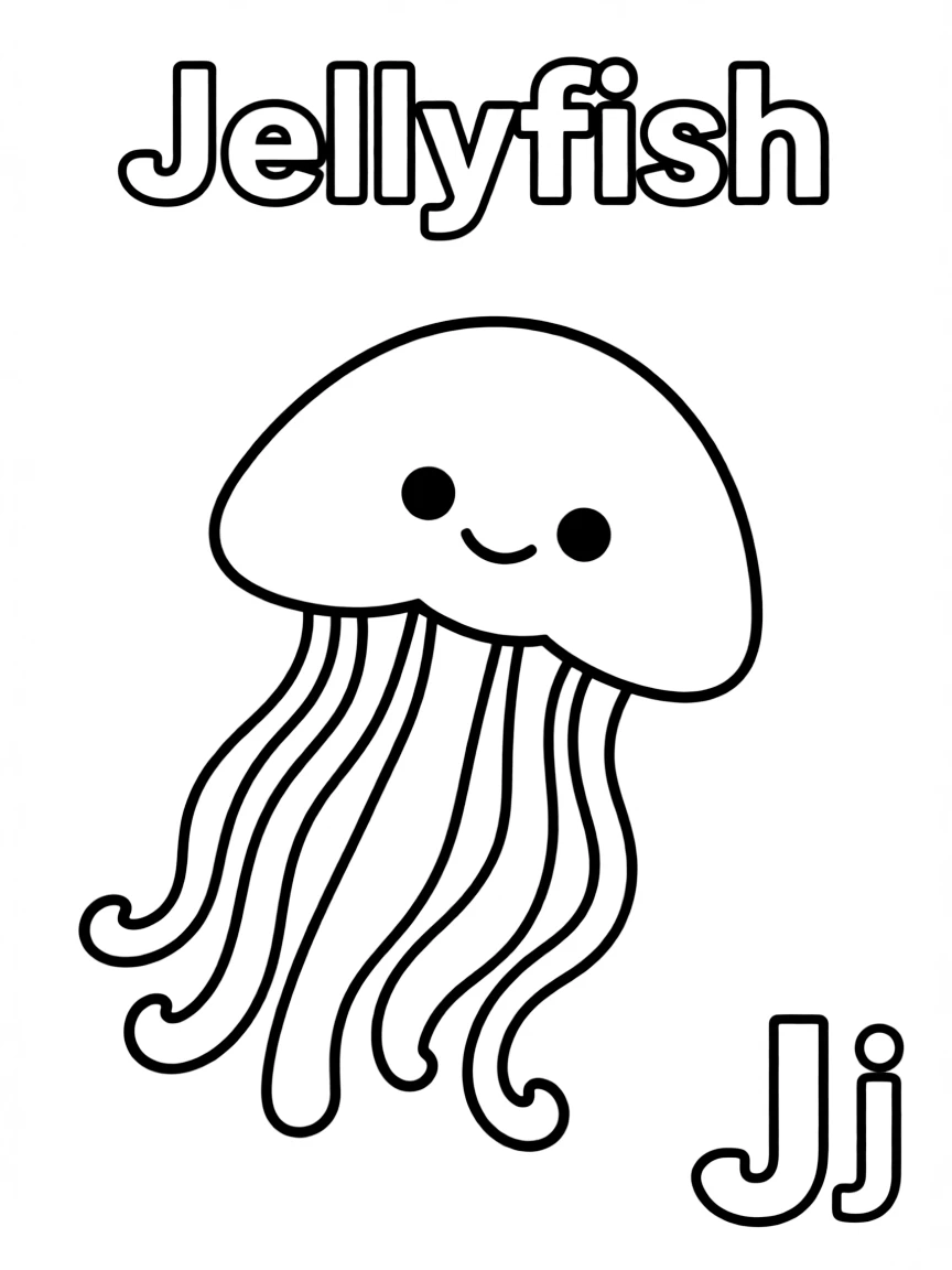 (alphabet flashcard) A jellyfish in the center, letter "Jellyfish" on the top, and big letter "Jj" at the bottom right corner.