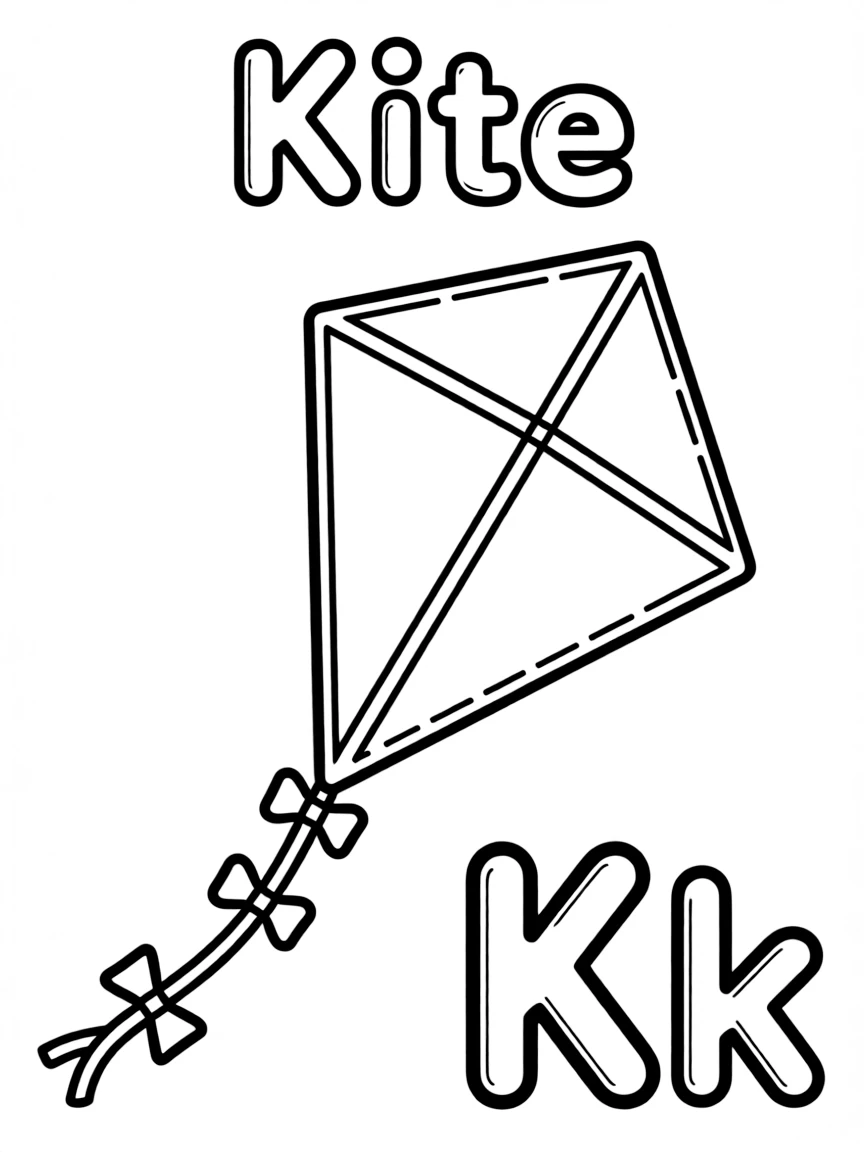 (alphabet flashcard) A kite in the center, letter "Kite" on the top, and big letter "Kk" at the bottom right corner.