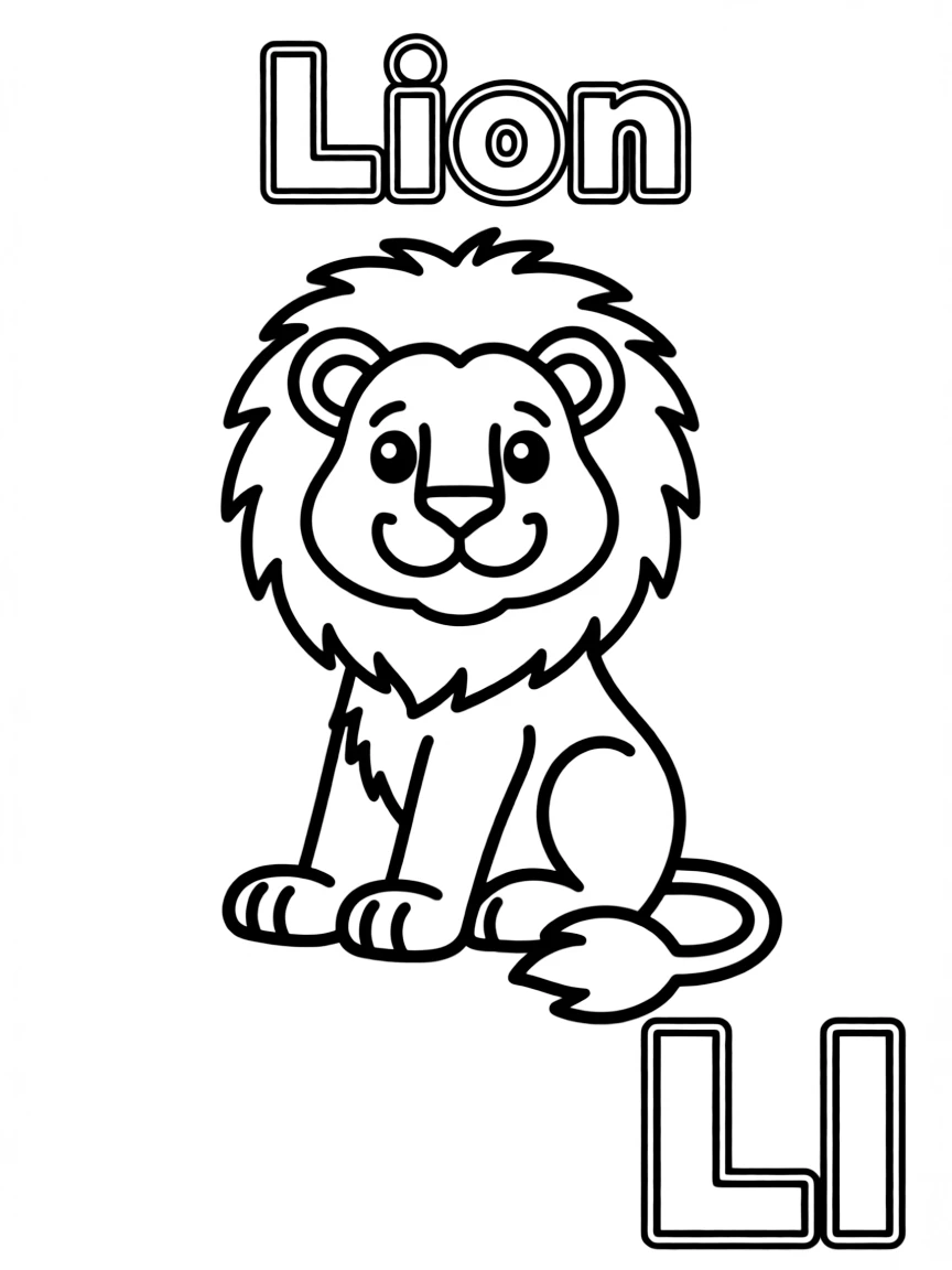 (alphabet flashcard) A lion in the center, letter "Lion" on the top, and big letter "Ll" at the bottom right corner.