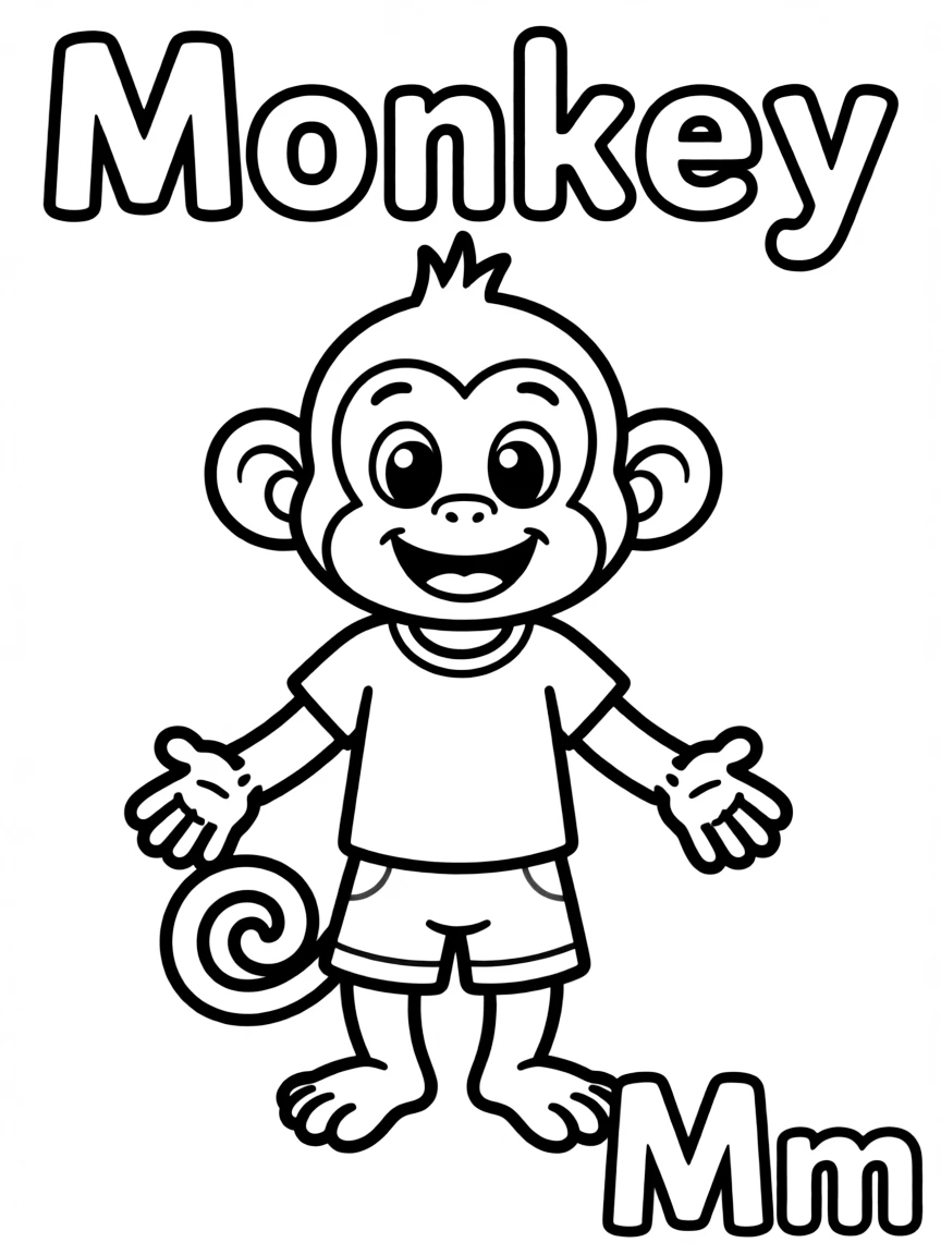(alphabet flashcard) A monkey in the center, letter "Monkey" on the top, and big letter "Mm" at the bottom right corner.