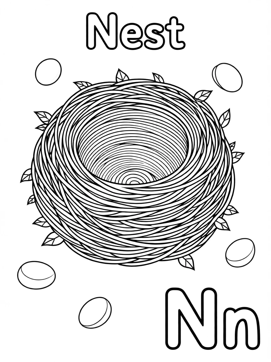 (alphabet flashcard) A nest in the center, letter "Nest" on the top, and big letter "Nn" at the bottom right corner.