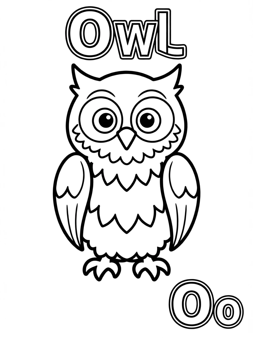 (alphabet flashcard) An owl in the center, letter "Owl" on the top, and big letter "Oo" at the bottom right corner.