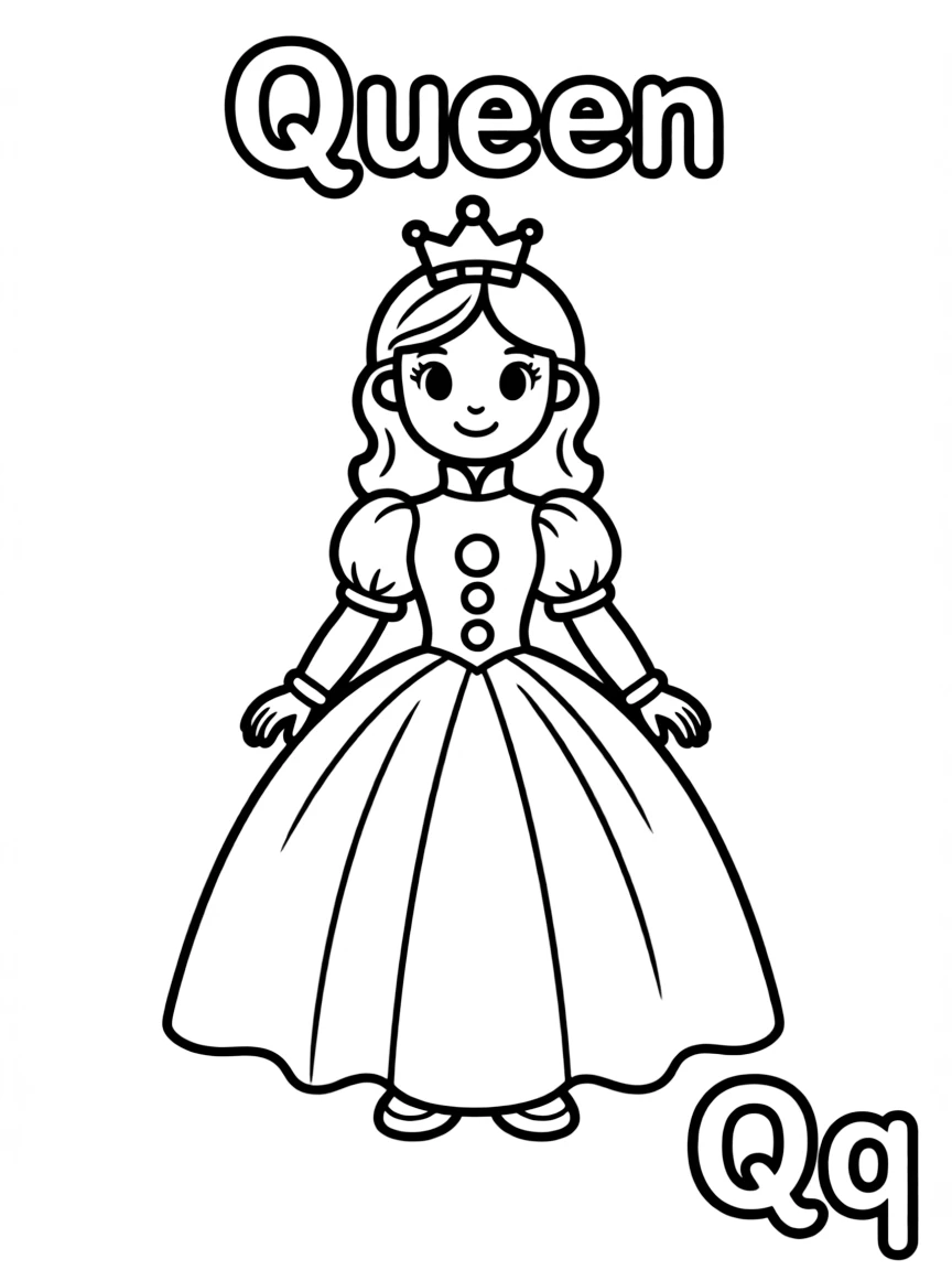 (alphabet flashcard) A queen in the center, letter "Queen" on the top, and big letter "Qq" at the bottom right corner.