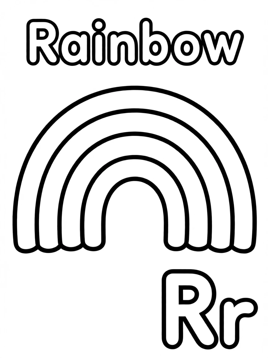 (alphabet flashcard) A rainbow in the center, letter "Rainbow" on the top, and big letter "Rr" at the bottom right corner.