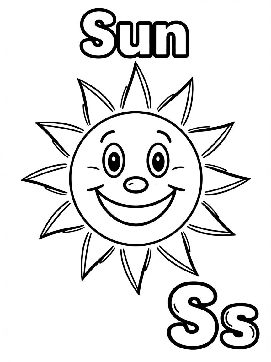 (alphabet flashcard) A sun in the center, letter "Sun" on the top, and big letter "Ss" at the bottom right corner.