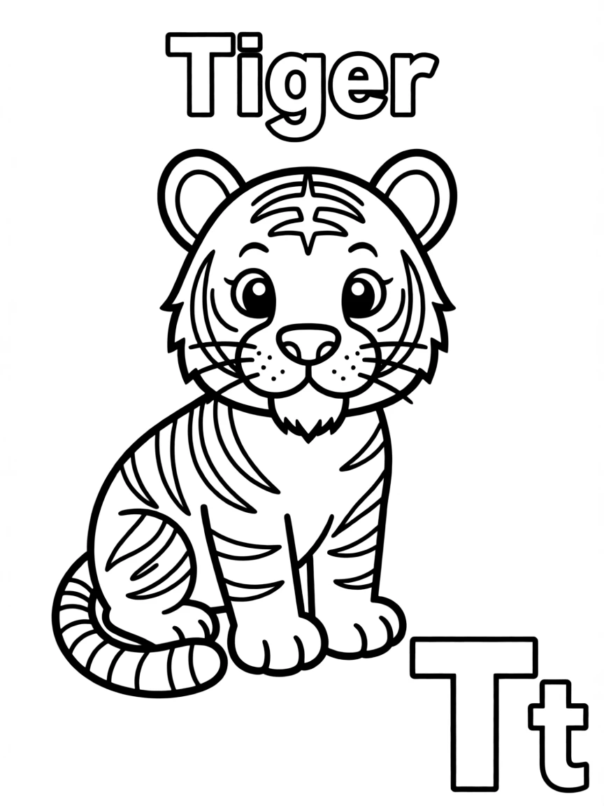 (alphabet flashcard) A tiger in the center, letter "Tiger" on the top, and big letter "Tt" at the bottom right corner.