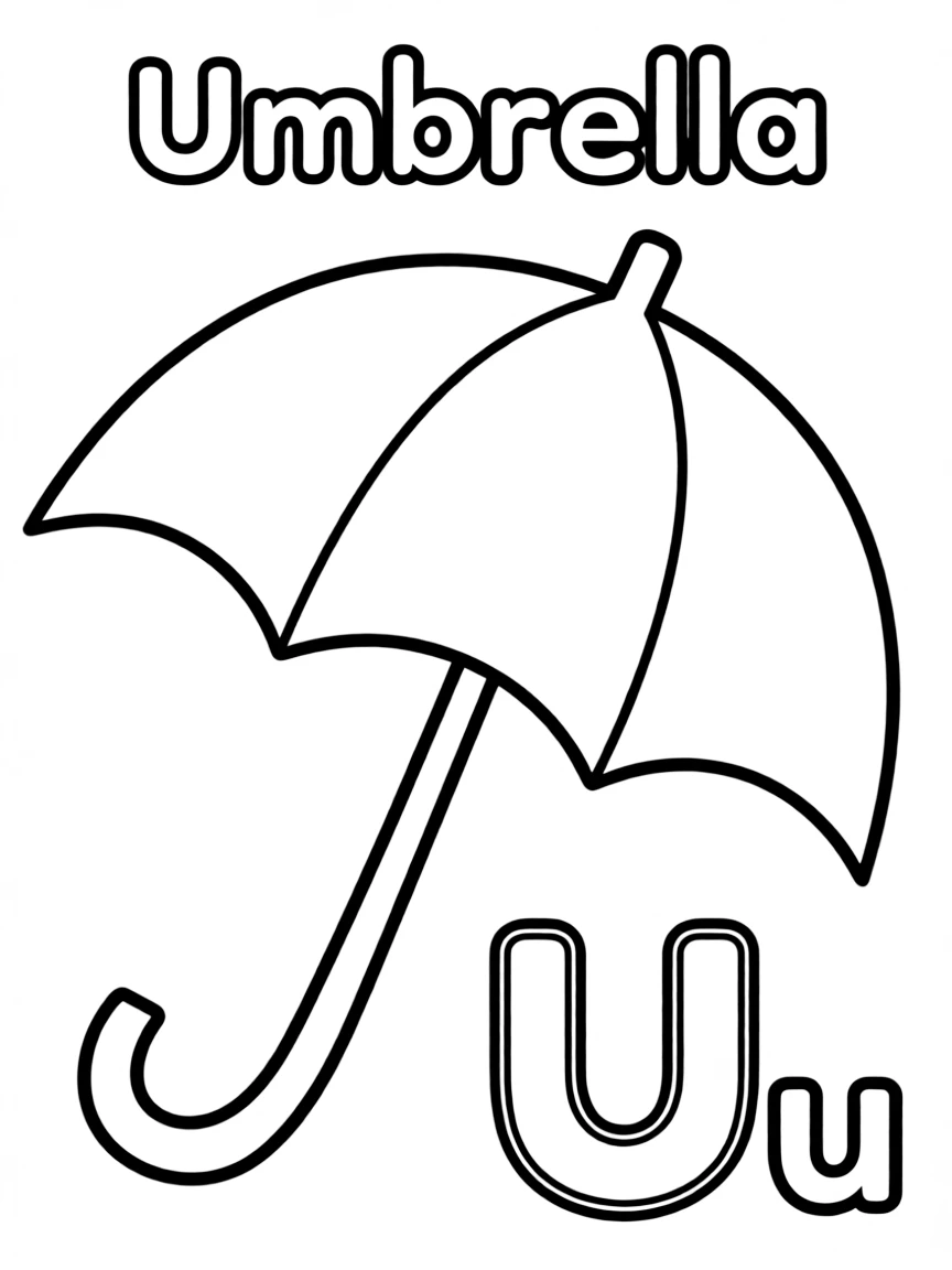 (alphabet flashcard) An umbrella in the center, letter "Umbrella" on the top, and big letter "Uu" at the bottom right corner.