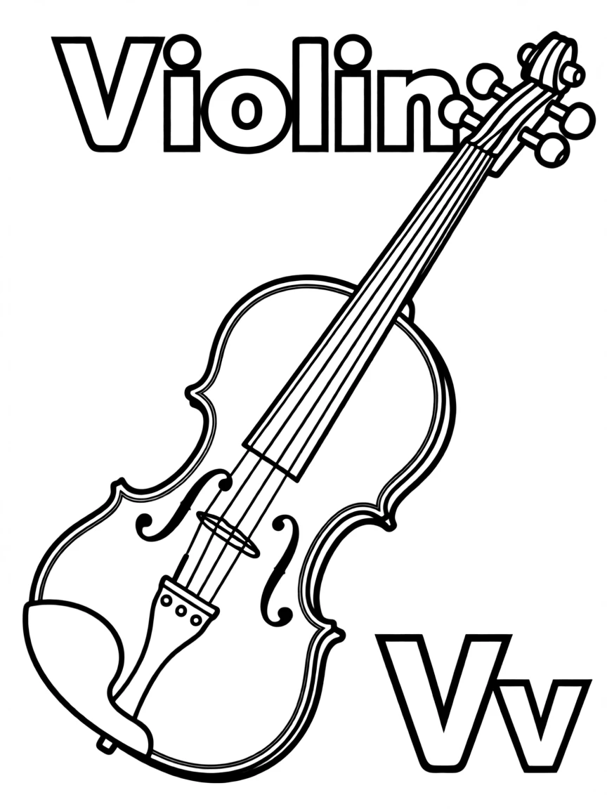 (alphabet flashcard) A violin in the center, letter "Violin" on the top, and big letter "Vv" at the bottom right corner.