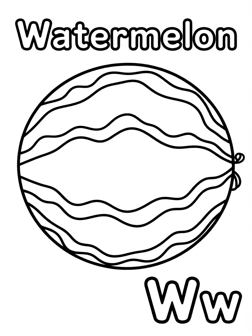 (alphabet flashcard) A watermelon in the center, letter "Watermelon" on the top, and big letter "Ww" at the bottom right corner.