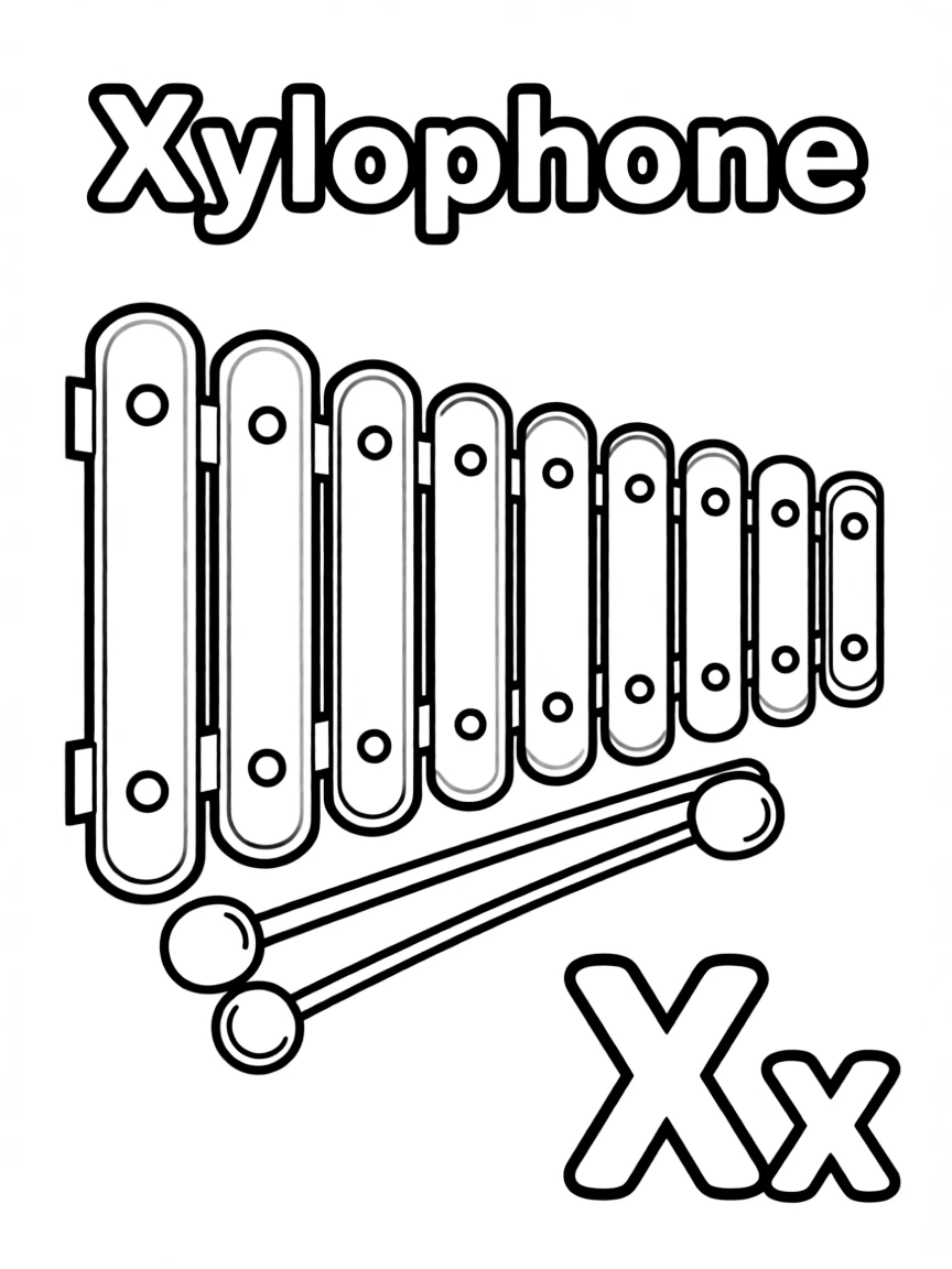 (alphabet flashcard) A xylophone in the center, letter "Xylophone" on the top, and big letter "Xx" at the bottom right corner.