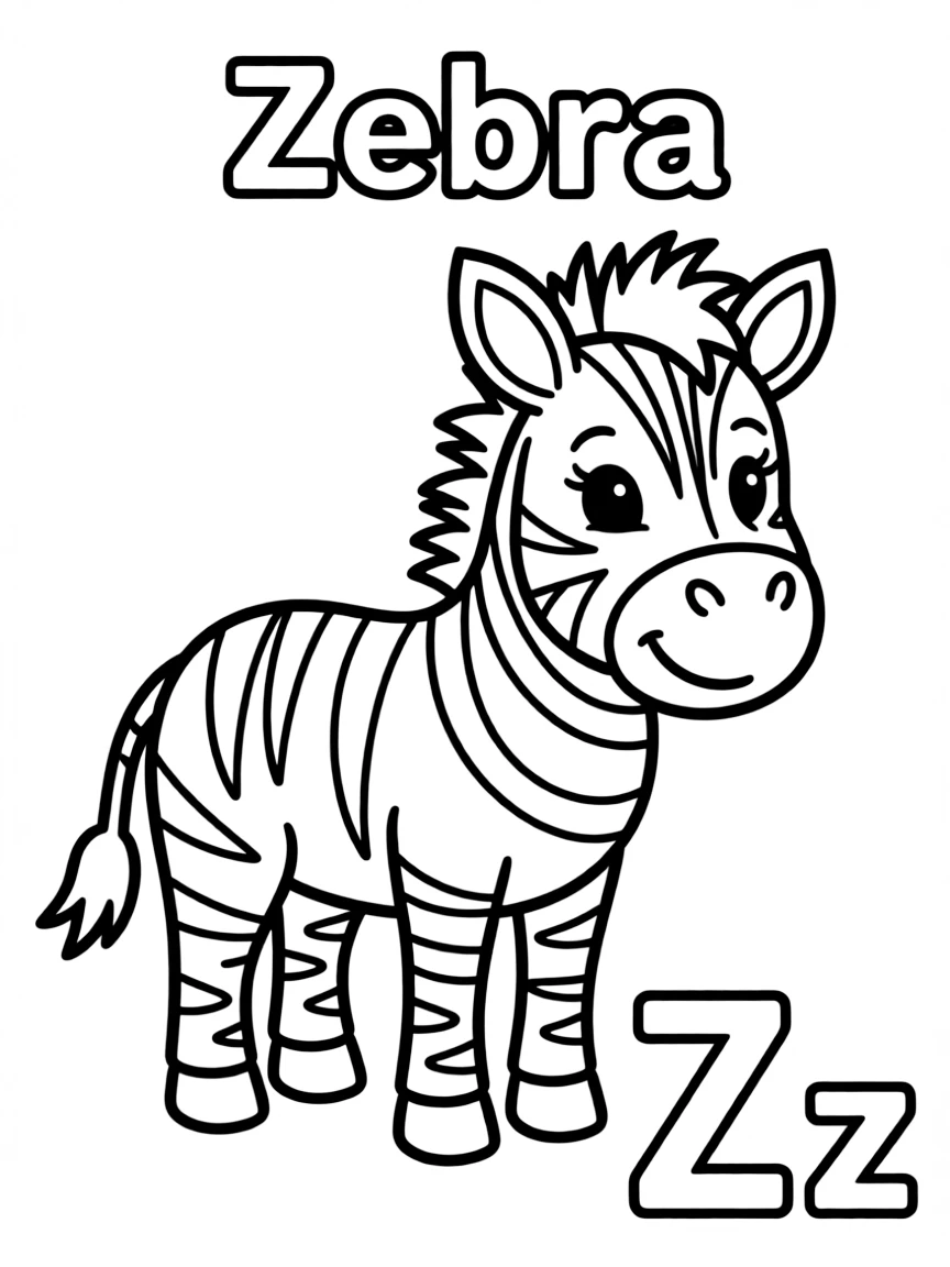 (alphabet flashcard) A zebra in the center, letter "Zebra" on the top, and big letter "Zz" at the bottom right corner.