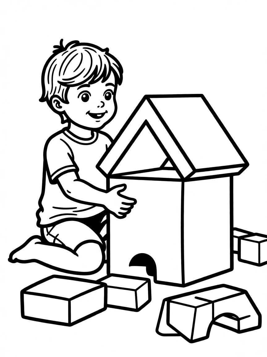A child building a house with blocks.