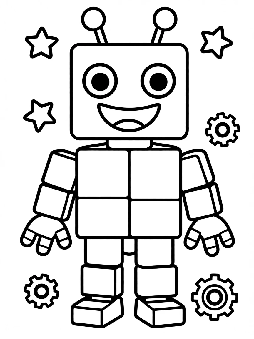A happy robot made of blocks.